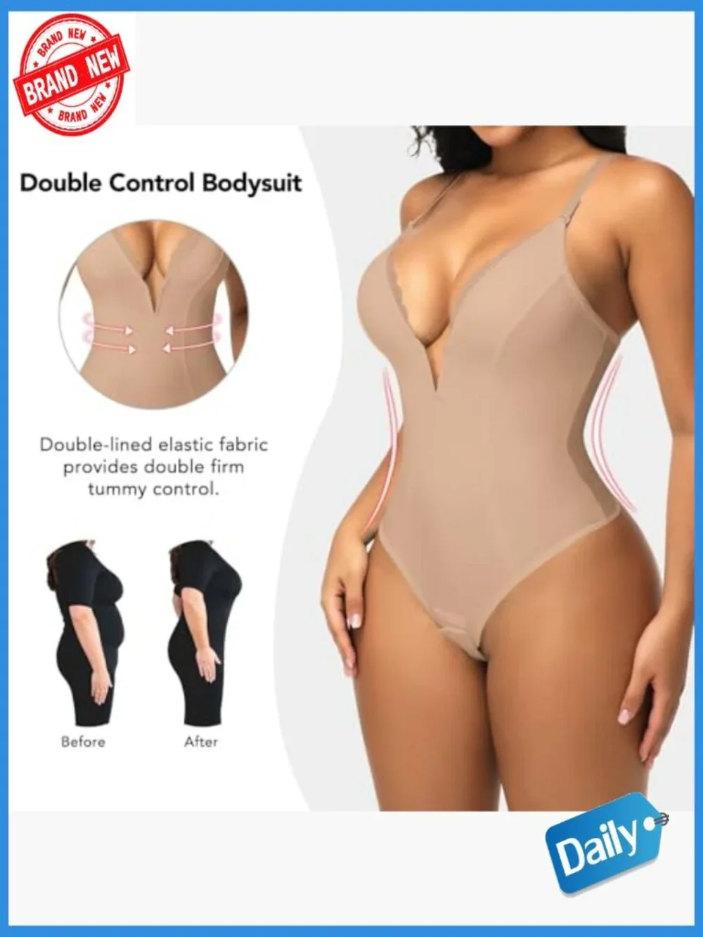 Deep V Neck Bodysuit Tummy Control Shapewear Thong Camisole